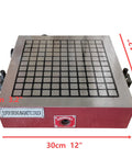 12x12 Inch CNC High Power Magnetic Chuck For Surface Grinders And EDM Wire Cutting Machines Permanent Magnet Grinder Chuck With Fine Seal For Heavy Duty Metalworking And Rock Solid Hold With Safe Operation No Power Loss, top view, red base, grid pattern.