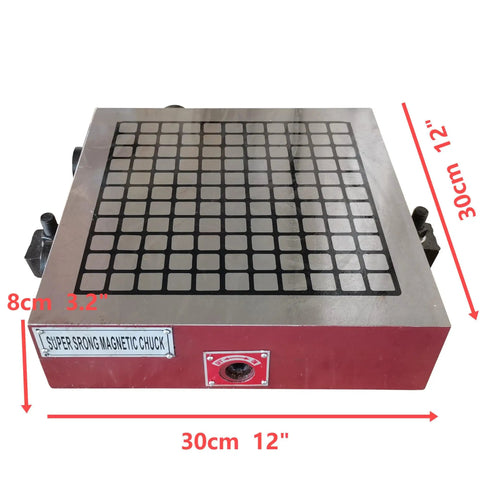 12x12 Inch CNC High Power Magnetic Chuck For Surface Grinders And EDM Wire Cutting Machines Permanent Magnet Grinder Chuck With Fine Seal For Heavy Duty Metalworking And Rock Solid Hold With Safe Operation No Power Loss, top view, red base, grid pattern.