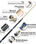 58 Inch Grade A Canadian Maple Pool Cue Featuring 13mm Tip And Adjustable Weight with detailed components like leather tip and vibrant decals.