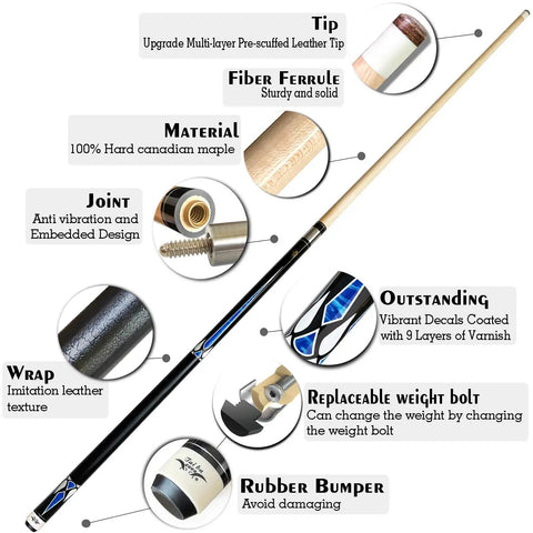 58 Inch Grade A Canadian Maple Pool Cue Featuring 13mm Tip And Adjustable Weight with detailed components like leather tip and vibrant decals.
