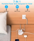 Flat Plug Travel Power Strip With Usb C Plus Multiple Outlets Six Foot Cord Cruise Approved Extension on hotel nightstand.