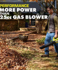 Badass 40 Volt Cordless Leaf Blower With Variable Speed Dial, 120 MPH Gust And 550 CFM Blast, Tool Only, man using blower to clear leaves in yard.