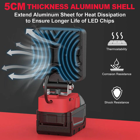 Back view of Cordless LED Work Light With Milwaukee 18V Battery Compatibility 112W Flood Lamp showing aluminum shell and heat dissipation design.