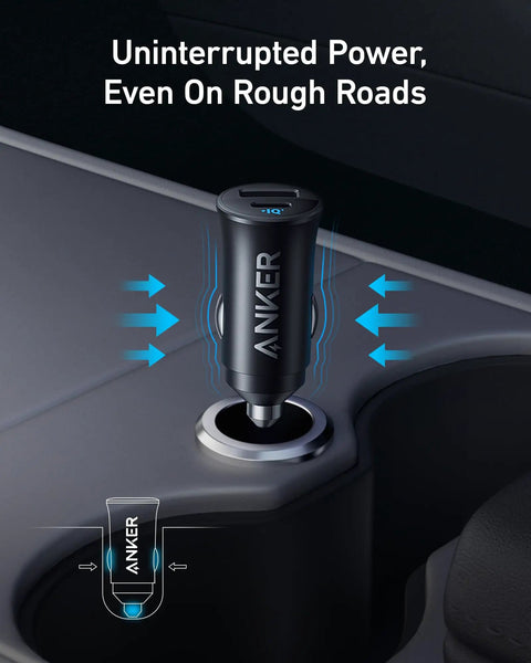 Rapid 30W USB C Car Charger With Dual Ports Type C Power Delivery And PowerIQ 3.0 inserted in car cup holder.