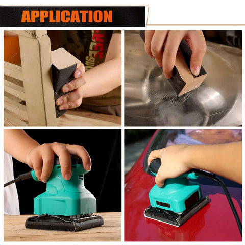Application of Assorted 1/4 Sheet Sandpaper Set With 80 120 180 240 320 Grits on wood, metal, and auto body surfaces using palm sanders.