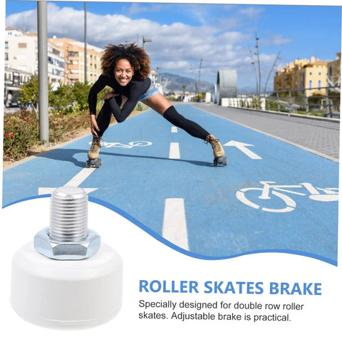 Smiling skater on path; inset of white rubber roller skates brake. Toe Stopper For Inline And Quad Roller Skates, Rubber Brake Block