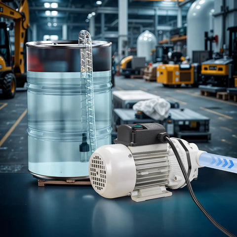 Heavy Duty Def Transfer Pump, Smooth 8 GPM Self Priming Electric Urea Extractor With Copper Motor beside a fluid barrel.