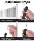 Installation steps for Hardcore Micro Drill Bit Set With Slick Black Pin Vise Hand Drill; showing drill bits and chuck adjustments.