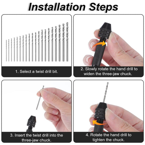 Installation steps for Hardcore Micro Drill Bit Set With Slick Black Pin Vise Hand Drill; showing drill bits and chuck adjustments.