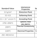 Mechanical properties and standard values table for glass vials including density, thermal expansion, and strength.