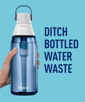 Night Sky 36 Oz Hard Sided Water Bottle With Built In Filter BPA Free held by a hand against blue background.