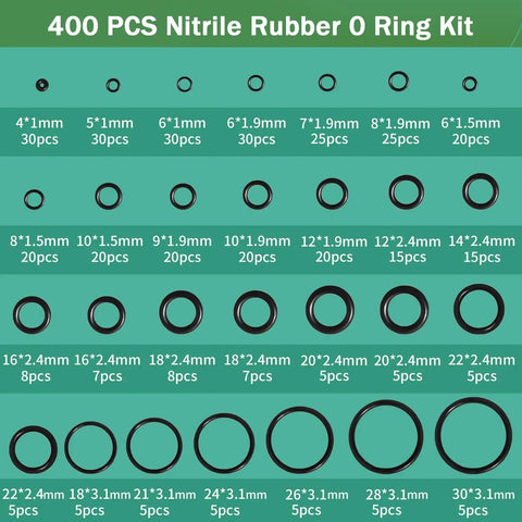 400 Piece Black O Ring Assortment Kit With 24 Metric Sizes Nitrile Rubber Gasket Set display chart