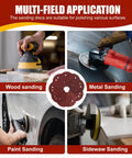 Sanding discs set, 70-piece, 5-inch with hook-and-loop backing; grits 40–800 for random orbital sander; collage shows wood, metal, paint sanding