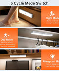 Stick Anywhere Closet Light Kit With Motion Sensor 6 Pack 30 LED Dimmer Under Cabinet Lights showing cycle modes in wardrobe and desk areas