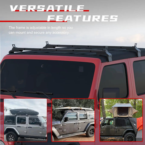Heavy Duty Black Roof Rack Crossbars For Jeep Wrangler JK JL Gladiator JT Hardtops adjustable frame for securing gear.