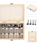 Knockout 5 Piece Forstner Bit Set For Woodworking That Booms With Precision in wooden storage box with five metal bits.