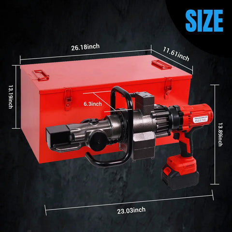 Portable Cordless Electric Rebar Cutter And Bender, Hydraulic Handheld Cutting Tool With Li-Ion Battery dimensions with red tool case.