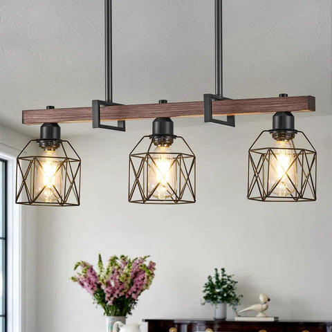Three Light Vintage Industrial Pendant With Walnut Finish And Matte Black Frame Adjustable Hanging Light For Kitchen Island E26 Base Modern Rustic Chandelier For Dining Room And Bar