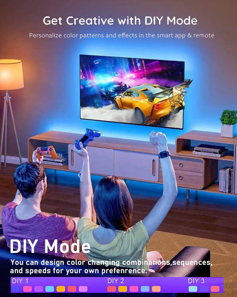 People using RGB LED Strip Lights 32.8Ft with 5050 LEDs for an illuminated gaming setup in living room, TV backlit in blue, DIY mode