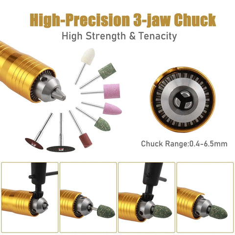 Beefy 6.5mm Flex Shaft Rotary Tool with high-precision 3-jaw chuck, 0.4-6.5mm range, showing attachments for metalworking.