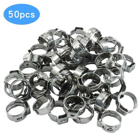 50 Pcs Single Ear Hose Clamps Set 8.8mm 10.5mm Stainless Steel 304 displayed in a pile