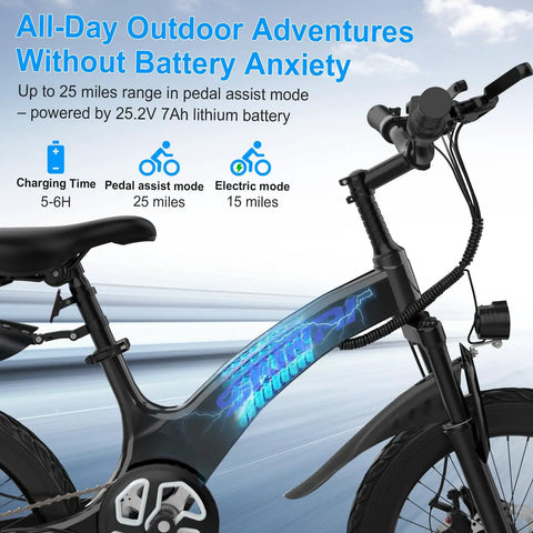 Power Up Kids Electric Bike With 250W Brushless Motor, 25.2V 7Ah Battery, Three Speeds Up To 15.5 MPH, Ultra Light Magnesium Alloy Frame, Safe Fun Ride For Ages 6 To 10, side view with battery range details