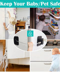 2 Pack Fridge Lock With Keys For Kids And Pets - Adhesive Refrigerator Lock Set shown on fridge and cabinets, childproof black