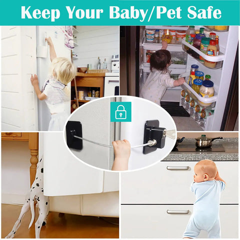 2 Pack Fridge Lock With Keys For Kids And Pets - Adhesive Refrigerator Lock Set shown on fridge and cabinets, childproof black