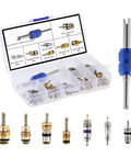 40-piece car AC valve core kit in clear plastic case with blue double-head dismantling tool and assorted valve cores