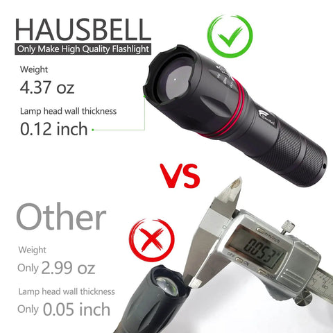 Comparison of Hausbell flashlight and another brand showing weight and lamp head thickness details.