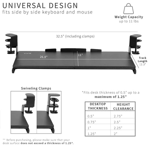 Rock Solid Slide Out Keyboard Tray For Corner Desk Effortless Gliding Computer Drawer With Swivel Clamps Black dimensions and features.
