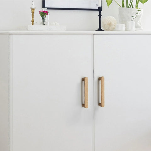 White cabinet with 6 Pack White Oak Wood Drawer Pulls Rustic Cabinet Handles For Dresser And Kitchen Furniture Hardware 3 Inch Center To Center Spacing 92 Mm Total Length 31 Mm High Natural Wood With Subtle Color Variations installed.
