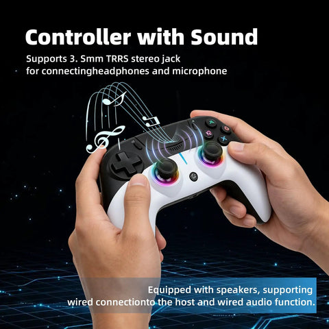 Wireless Game Controller For PS5 PC iOS Mac Android And Steam Deck With Dual Vibration and RGB lighting in hands.