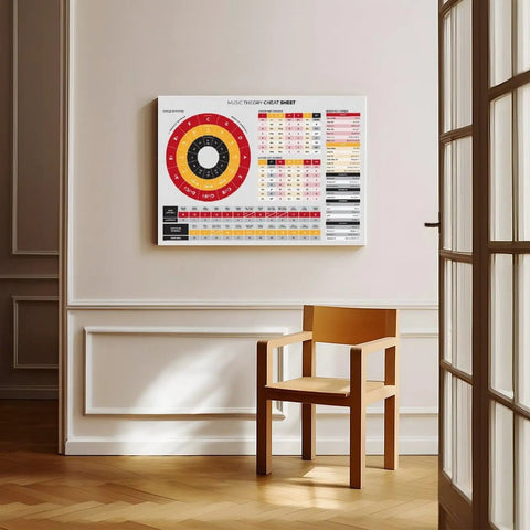 Living room with Music Theory Cheat Sheet With Circle Of Fifths And Chord Building Table Wall Art Dope Canvas Print on wall