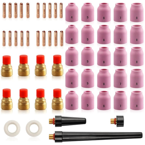 All In One 58 Piece TIG Welding Torch Kit For Gas Lens Setup 0.040 To 1/8 Inch Including WP 9 20 25 Series With Alumina Ceramic Cups Collets Gas Lens Bodies Gaskets And Back Caps Pro Grade Ready To Weld