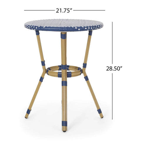 Picardy Outdoor Bistro Table In Dark Teal White And Bamboo Print Finish With Aluminum Frame And Wicker Wrappings French Inspired Cafe Style