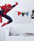 Spider-Man Wall Decals Peel And Stick Giant Set For Bedrooms And Playrooms, Spider-Man leaping over bed with bunting decor