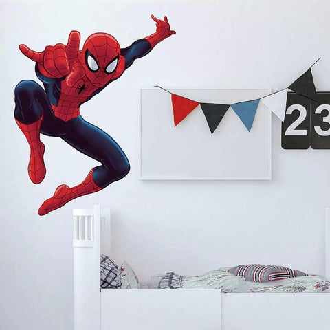 Spider-Man Wall Decals Peel And Stick Giant Set For Bedrooms And Playrooms, Spider-Man leaping over bed with bunting decor
