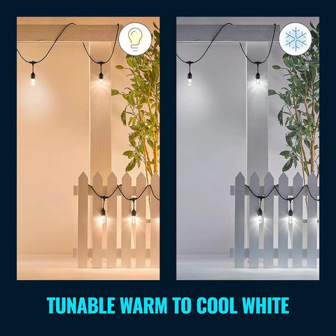 48Ft Color Changing Outdoor String Lights With Weatherproof Design No Fuss Adapter Included Control Via Connected App And Voice Control Easy WiFi Setup For Smart Home Ambience, showing tunable warm to cool white lighting over a picket fence.
