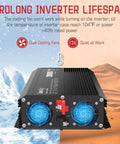 Heavy Duty 2000 Watt Power Inverter Smoothly Handles 12V Direct Current By Delivering Clean 110V Or 120V Alternating Current For RV Cruising And Off Grid Hangouts Comes With Wired Remote Switch And Loaded Usb Ports showing dual cooling fans and heat indicators.