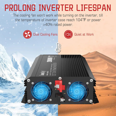 Heavy Duty 2000 Watt Power Inverter Smoothly Handles 12V Direct Current By Delivering Clean 110V Or 120V Alternating Current For RV Cruising And Off Grid Hangouts Comes With Wired Remote Switch And Loaded Usb Ports showing dual cooling fans and heat indicators.