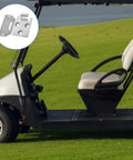Metal Golf Cart Seat Bottom Hinge And Plate Replacement shown with a golf cart on a green field, highlighting sturdy metal design.