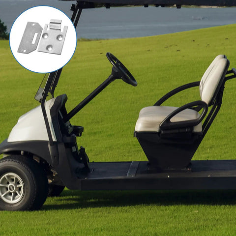 Metal Golf Cart Seat Bottom Hinge And Plate Replacement shown with a golf cart on a green field, highlighting sturdy metal design.