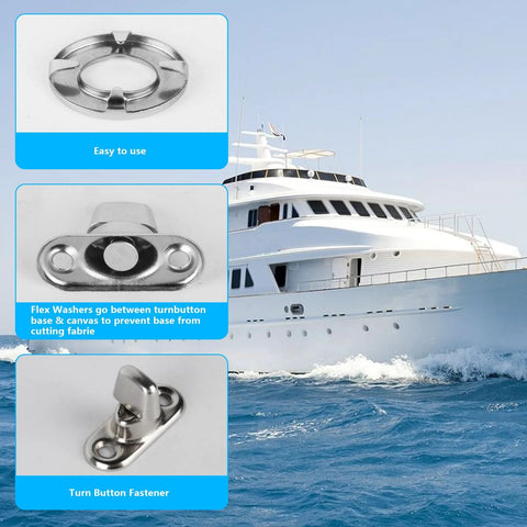 Collage of nickel-plated twist-lock eyelets and turn-button fasteners for boats; 12 sets with 24 screws.