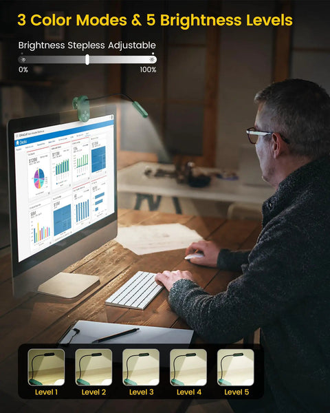 Man using Clip On Reading Light With 16 LED Double Row Beads Rechargeable on desk, showing brightness and color levels, green