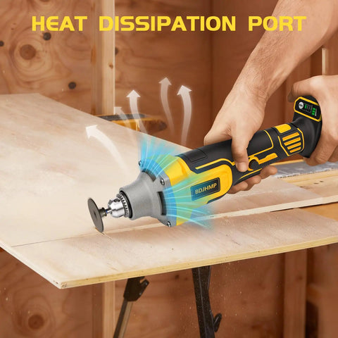 Compatible With 20 Volt Power Batteries This Smooth Operator Cordless Die Grinder showing heat dissipation port for efficient use.
