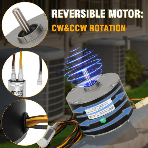 Upgraded Condenser Fan Motor 1/4 HP 1100 RPM 208 230V CW CCW With Metal Capacitor shown with rotation capability