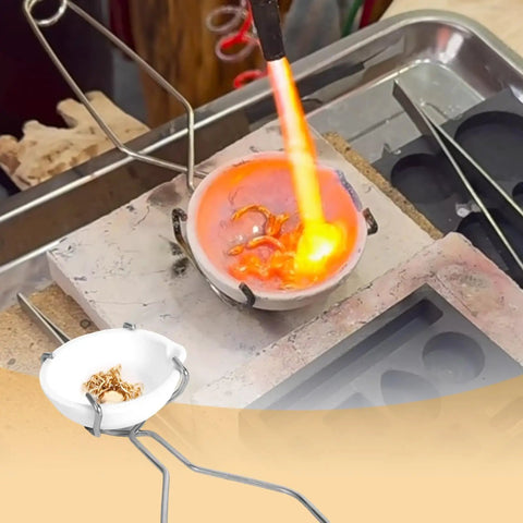 Top Shelf Graphite Crucible Set For Melting Metal includes a white clay pot in use, heated with a torch for metal casting.