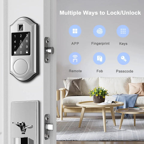 Keyless Front Door Lock With Fingerprint And Touchscreen Keypad, App Control, Auto Lock, Satin Nickel Finish, living room view