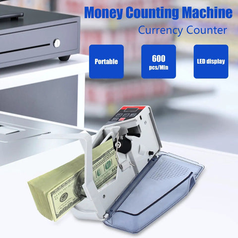 Portable Money Counter With LED Display And Batch Mode showing bills being counted on a desk